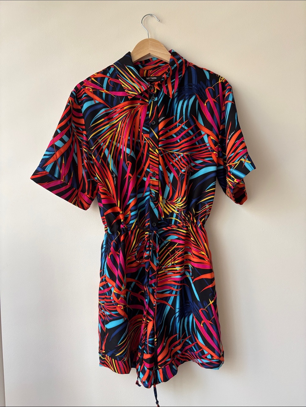 My Twin Tropical Button Romper in Neon Leaf Print